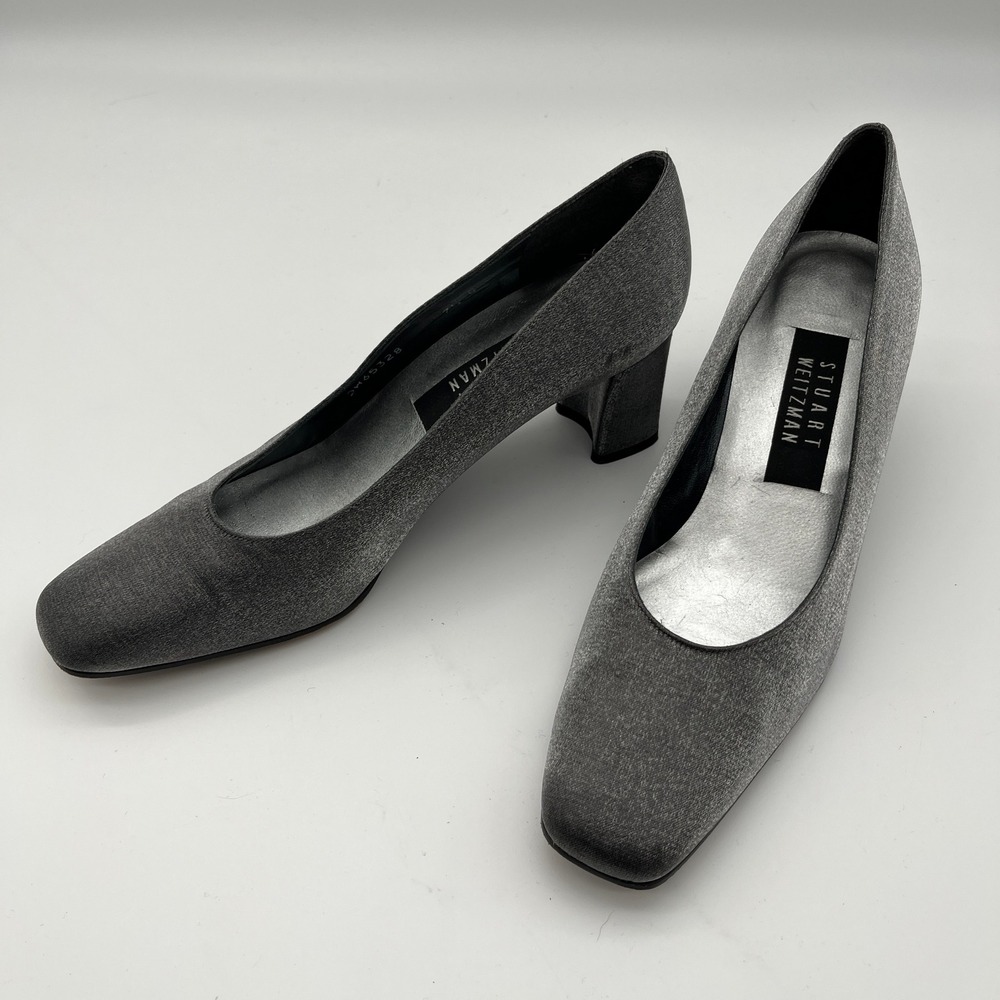 Stuart Weitzman Silver Metallic Shimmer Square Toe Block Heel Pumps Size 7.5‎ B